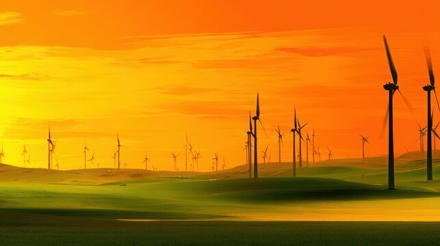 Silhouetted wind turbines generate renewable energy against a vibrant orange sunset sky in a rolling green field.