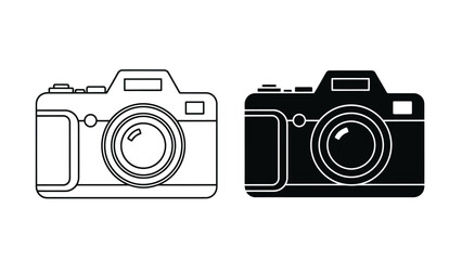 Minimalist two-camera icon set featuring outline and solid filled silhouettes.
