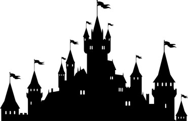 Obraz premium Black silhouette of a medieval castle with towers and flags on a isolated on white background 