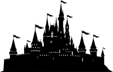 Fototapeta premium Black silhouette of a medieval castle with towers and flags on a isolated on white background 