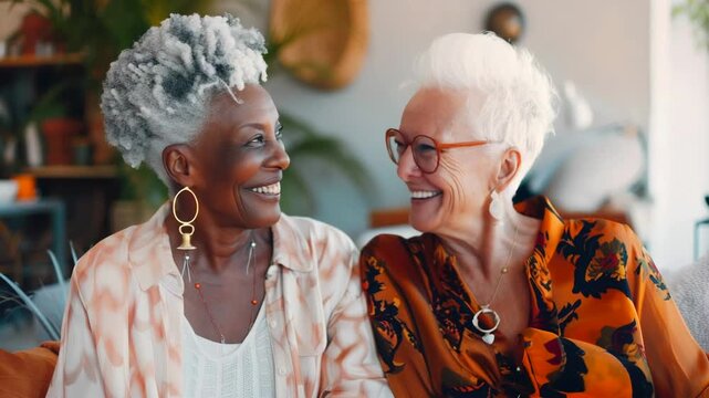 two smiling elderly women sitting together in cozy living room sharing warm laughter and lively conversation, colorful patterned outfits, statement earrings and glasses, natural sunlight,