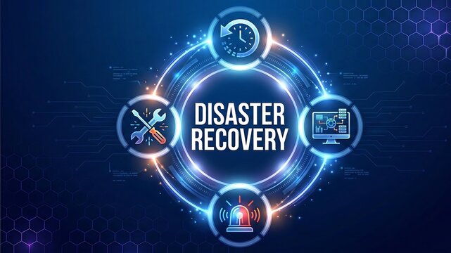 Disaster recovery concept,an organization plan to protect its IT systems and data from disasters and recover quickly to minimize downtime and losses. abstract technology background