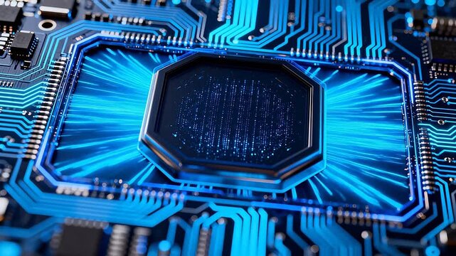 Close-up of electronic circuit board with blue glowing lines and microchip installation area