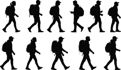 Hiker Silhouettes Set with Backpackers Walking in Different Poses Isolated on White Background Outdoor Adventure Travel Vector Illustration Collection