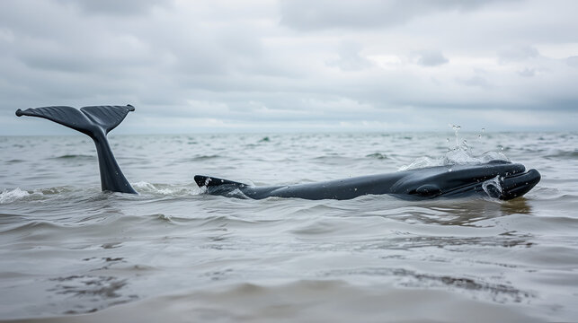 motherliness. Beached whale with tail fin splashing in shallow water under overcast sky. wildlife magazines, conservation campaigns, designed for eco-tourism storytelling.