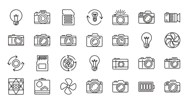 Collection of line art photography icons illustrating cameras and equipment in outline style for graphic resources.