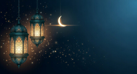 Ornate Lanterns under a Crescent Moon at Night © Rizky