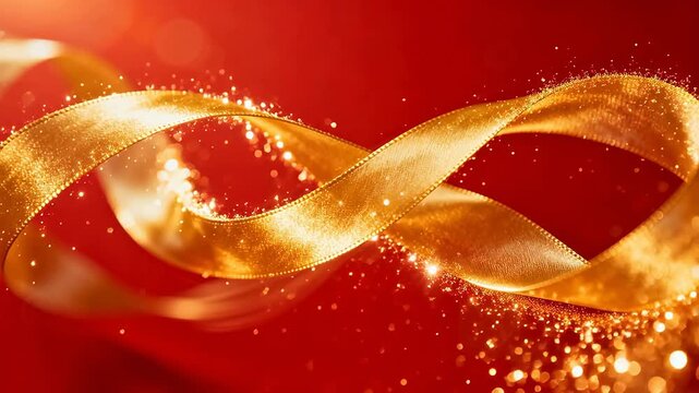 Golden silk ribbons flowing and intertwining on a festive red background with sparkling particles