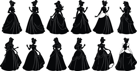 Elegant princess silhouette collection in vintage ball gown dresses, fairytale royal women poses, black and white vector illustration set for fantasy design © MstJakarina