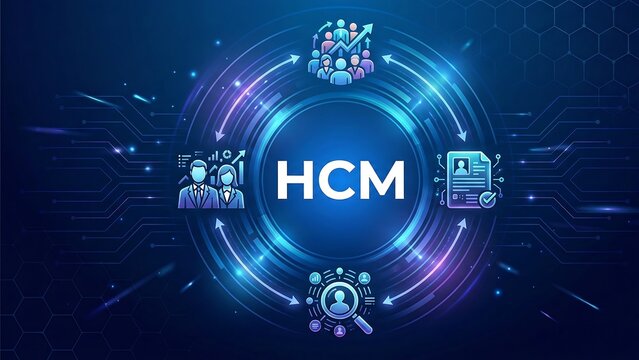 HCM acronym, human capital management concept, Human capital management (HCM) is the process of hiring the right people, managing workforces effectively. abstract technology background
