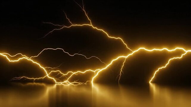 Vivid golden lightning bolts illuminate a dark background with reflection below
