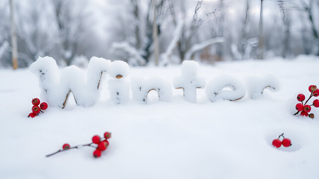 The word Winter is written on white snow with red berries. Cold winter natural background