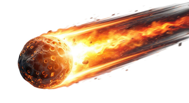 A large asteroid or comet entering the earths atmosphere and burning up with a bright flame isolated on transparent background