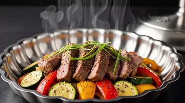 Grilled steak served with roasted colorful vegetables