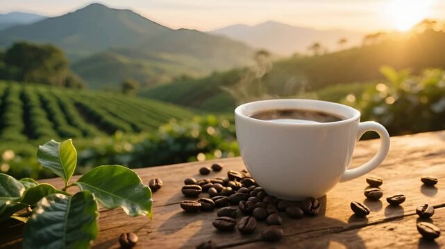Organic Arabica coffee cup roasted beans sunrise tea plantation mountain highlands morning refreshment caffeine aesthetic