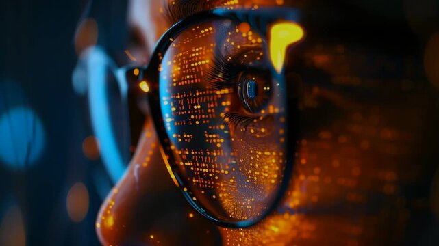 Closeup of glasses with digital features. Facial feature focus with reflective lenses and overlays. Detailed examination of eyewear reflecting digital enhancements on face