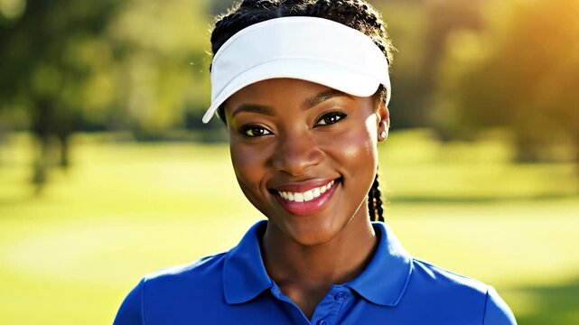 A smiling woman wearing a visor and blue polo shirt, on a golf course, looking at the camera