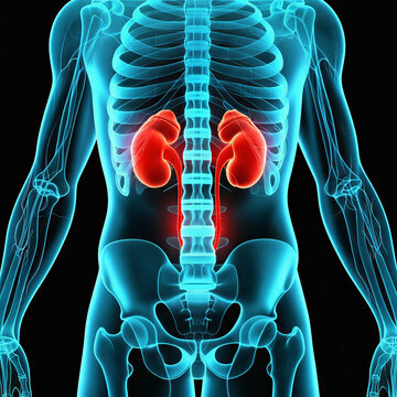 Vibrant three-dimensional digital rendering showcasing the healthy human renal system within a translucent anatomical outline, emphasizing kidney function and medical health insight