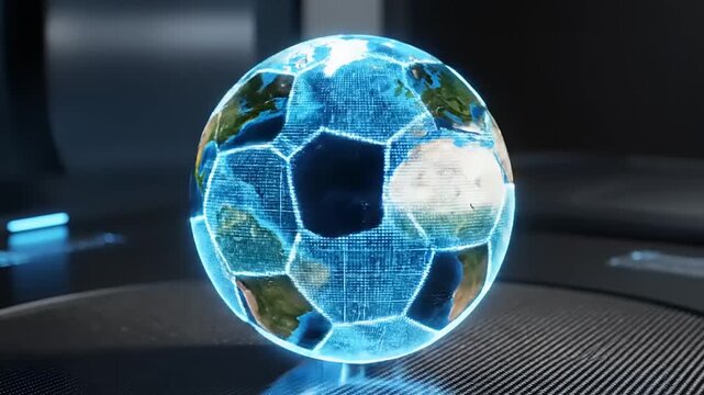 Digital soccer ball with global map texture on futuristic platform, showcasing technology and sports fusion in a modern setting.