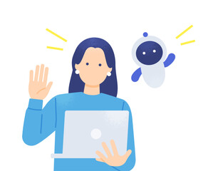 オフィスカジュアルな装いの女性とAI。AIと働くビジネスパーソンのベクターイラスト素材。