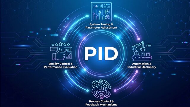 PID acronym. Proportional Control Loop is a feedback mechanism widely used in industrial control systems to maintain desired outputs. abstract technology background
