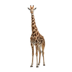 Fototapeta premium An alert, majestic adult african giraffe with a detailed reticulated coat standing still on a high-key gray studio background, professional commercial study
