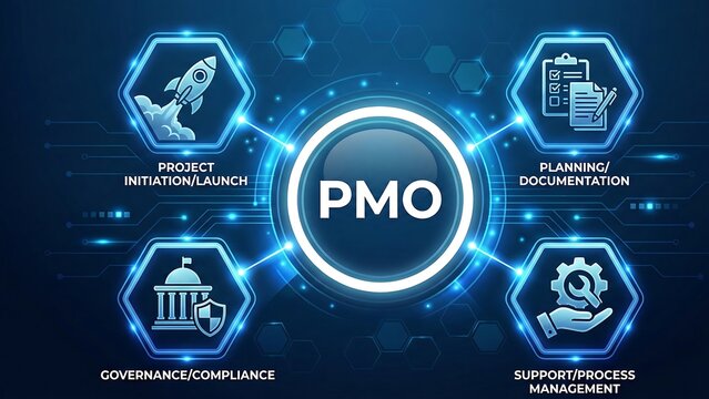PMO acronym.Project Management Office (PMO) defines and maintains standards for project management within an organization. abstract vector background