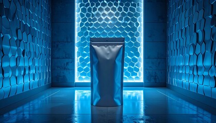 A futuristic blue-lit corridor with a sleek metallic object standing upright on a reflective floor, surrounded by geometric patterns.