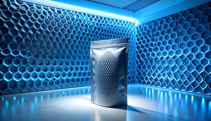 Silver pouch standing upright on reflective floor surrounded by blue hexagonal patterns and neon lights in a modern room