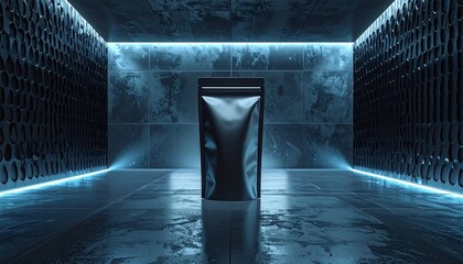 A sleek product pouch stands upright in a dimly lit, futuristic room with neon blue lighting and metallic walls, viewed from the front.