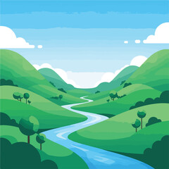 Obraz premium Winding River Through Green Hills And Mountains Under Blue Sky