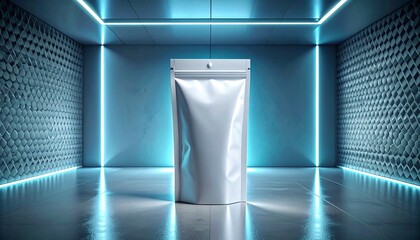 A silver pouch stands in a futuristic blue-lit room with neon lights reflecting off the shiny floor.