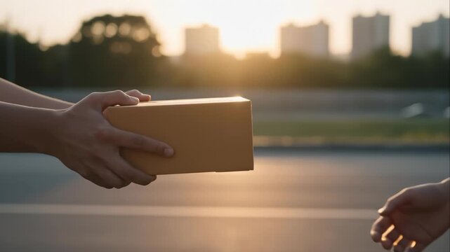 Hands Exchanging Cardboard Package During Golden Hour Delivery