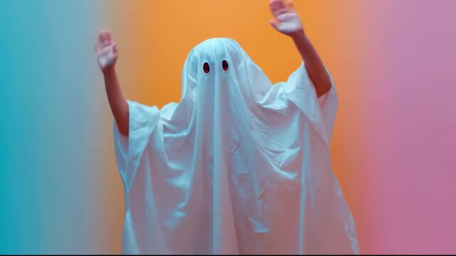 Ghost figure in white sheet with colorful background
