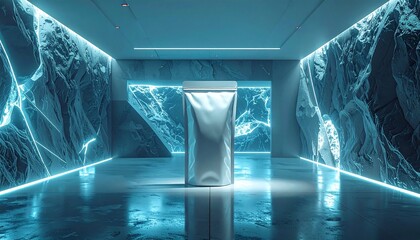 A silver pouch stands in a futuristic room with neon blue lights and marble walls, viewed from the front.