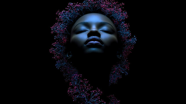 A mesmerizing close-up of a person with eyes gently closed, surrounded by a dark and captivating atmosphere. The image is filled with a sense of peace and introspection.