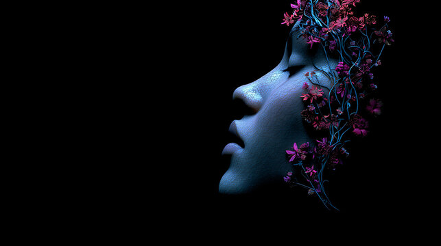 A woman's serene profile, adorned with delicate floral elements, emerges from the shadows. The image captures a sense of tranquility and ethereal beauty