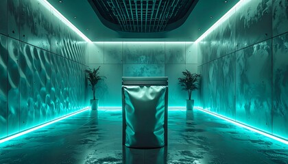 A futuristic room with a central pedestal displaying a human torso sculpture illuminated by neon lights, surrounded by plants in a dimly lit environment.