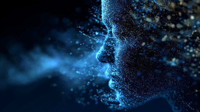 A digital art showing the profile of a face with particles coming out from mouth. It creates an abstract feeling