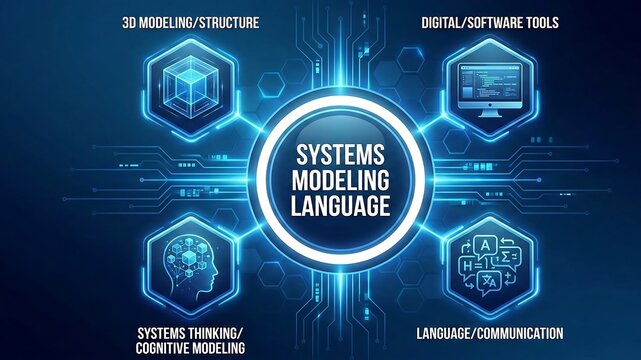systems modeling language tech concept.A graphical language used for modeling complex systems, including software, hardware, and other components. vector infographic template