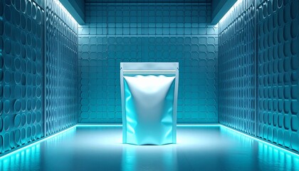 A blue-lit room with a pouch centered on the floor, viewed from the entrance, surrounded by brick walls and neon lights.