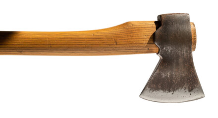 Vintage rusty axe with wooden handle isolated on transparent background