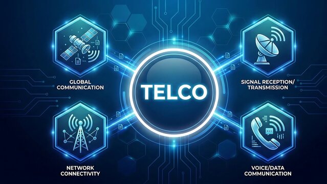 Telco Telecommunications Telecom services network, satelites, phone concept vector abstract background