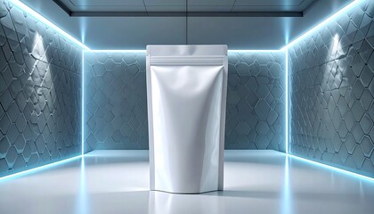 A white pouch stands alone in a futuristic room with neon lights reflecting off its shiny surface from the walls.