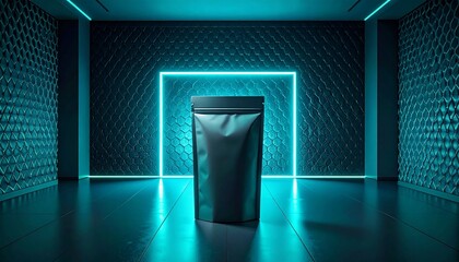 A black pouch stands alone in a dimly lit room with neon blue lighting and geometric patterns.