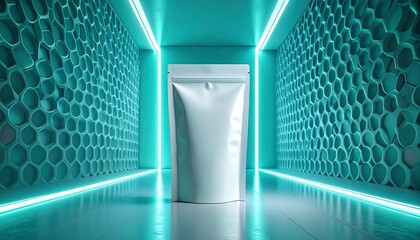 A white pouch stands in a futuristic corridor with neon lights and hexagonal patterns on the walls.