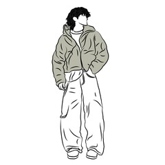 Stylized Colored Illustration of a Streetwear Figure in Cropped Puffer Jacket and Wide-Leg Pants   Keywords: fashion illustration, streetwear, urban fashion, male figure, cropped puffer jacket, © AKHMAD