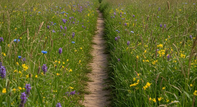 Narrow dirt path winds through lush, vibrant field of wildflowers in the summertime