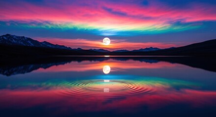 Fototapeta premium A serene landscape of a lake at sunset with mountains in the background and a vibrant sky