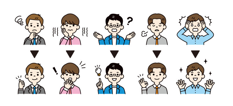 困る・問題が解決する若いビジネスマンのシンプルな表情 ・ポーズのアイコンイラスト素材セット